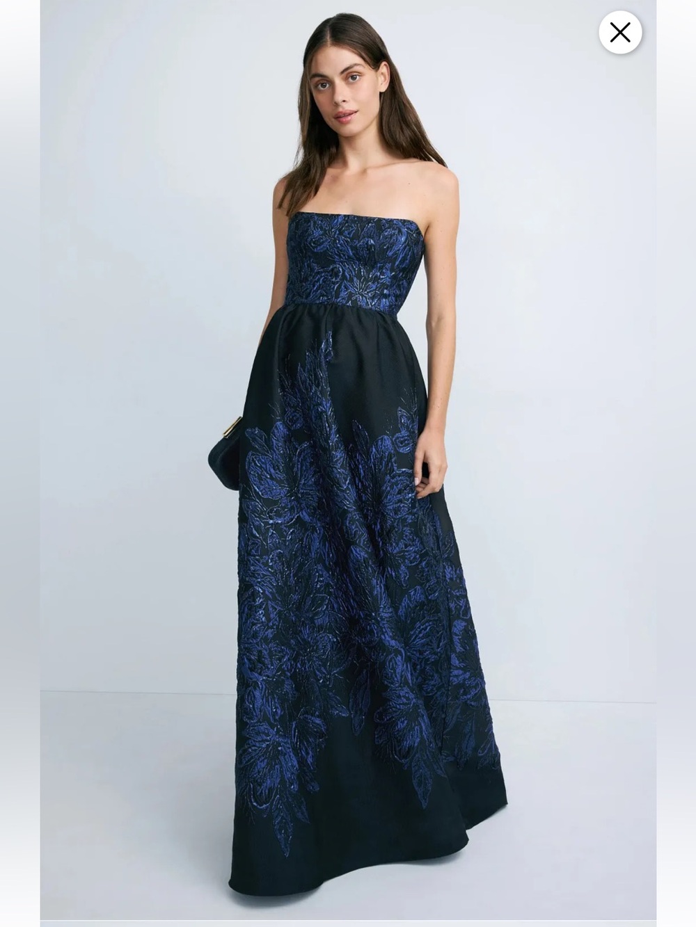 Dress the Population Strapless Black Gown with Navy Blue Embroidery